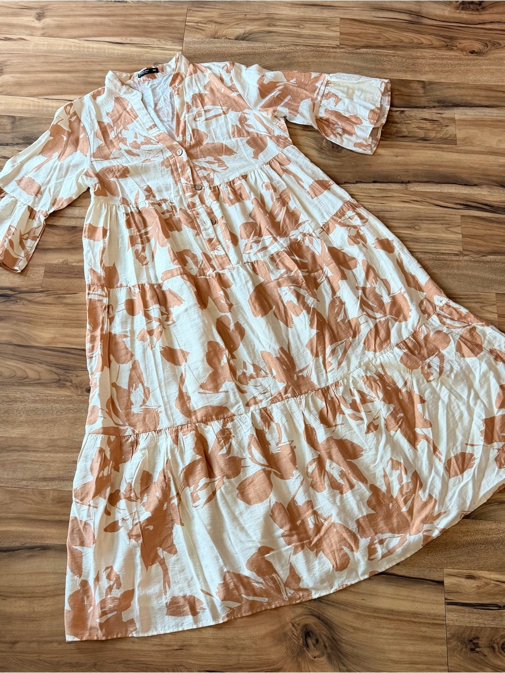 SHEIN White & Tan Floral Tiered Midi Dress
